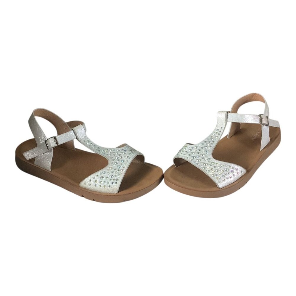 Link Comfort Sandals Girls 3 White Rhinestone T-Strap Adjustable Buckle Strap